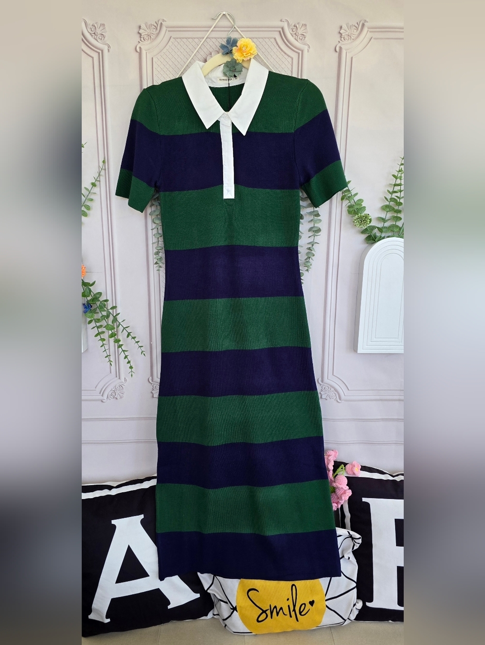 ​Active USA Striped Knit Polo Midi Dress - Navy & Green Preppy Collared Sheath - Picture 3 of 15